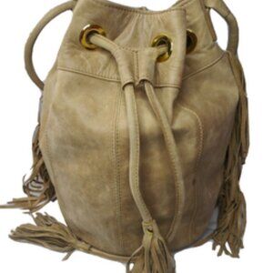 CLHEI Leather Bucket Bag Handbag Crossbody Fringe Boho Carry-All Tan Retail $380